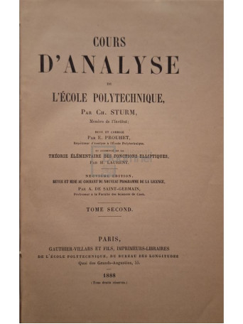 Ch. Sturm - Cours d'analyse de l'ecole polytechnique, vol. II - 1888 - Cartonata