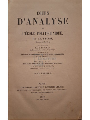 Ch. Sturm - Cours d'analyse de l'ecole polytechnique, vol. 1 - 1888 - Cartonata