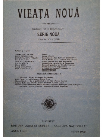 Ovid Densusianu - Vieata noua, anul I, nr. 1, martie 1992 - 1992 - Brosata