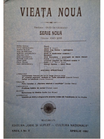 Ovid Densusianu - Vieata noua, anul I, nr. 2, aprilie 1992 - 1992 - Brosata