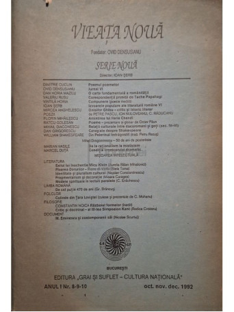 Ovid Densusianu - Vieata noua, anul I, nr. 8-9-10, oct, nov, dec 1992 - 1992 - Brosata