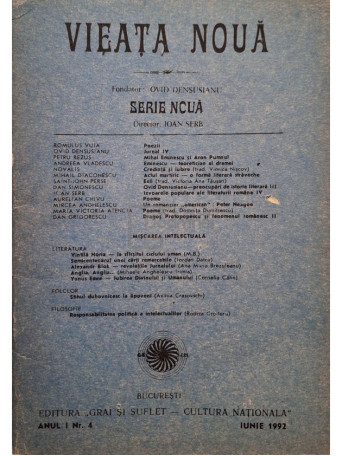Ovid Densusianu - Vieata noua, anul I, nr. 4, iunie 1992 - 1992 - Brosata