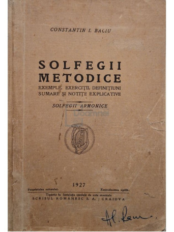 Constantin I. Baciu - Solfegii metodice (semnata) - 1927 - Brosata