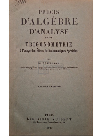 G. Papelier - Precis d'algebre d'analyse et de trigonometrie - 1923 - Cartonata