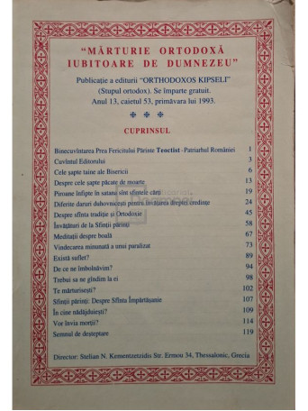 Stelian N. Krementzsetzidis - Marturie Ortodoxa iubitoare de Dumnezeu, anul 13, caietul 53, primavara lui 1993 - 1993 - Brosata