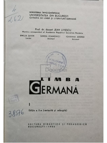 Jean Livescu - Limba germana I (ed. II) - 1966 - Cartonata