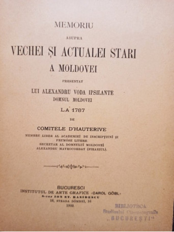 Memoriu asupra vechei si actualei stari a Moldovei