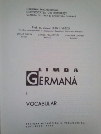 Jean Livescu - Limba germana, vol. 1 - Vocabular - 1966 - Cartonata