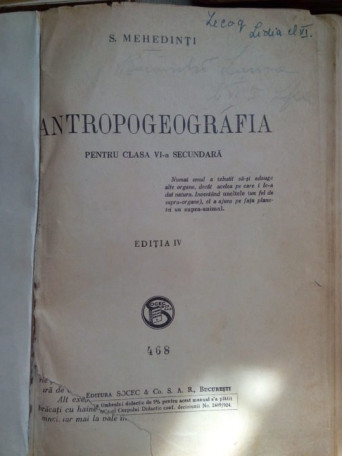 Antropogeografia pentru clasa a VI a secundara